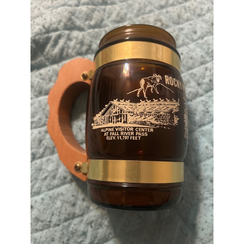 Vintage Siesta Ware‎ Rocky Mountain National Park Amber Glass Mug Wood Handle CO